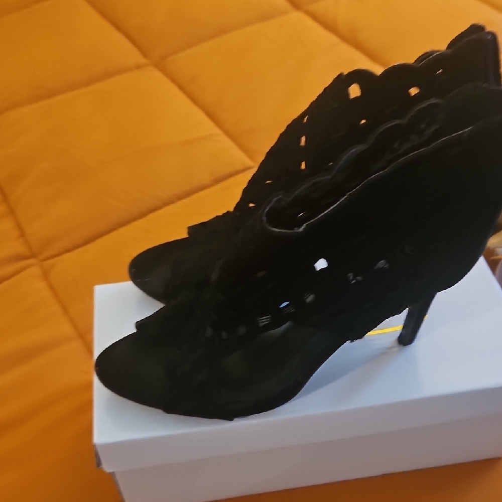 Black Stiletto Open-Toe Lace-Up Heels